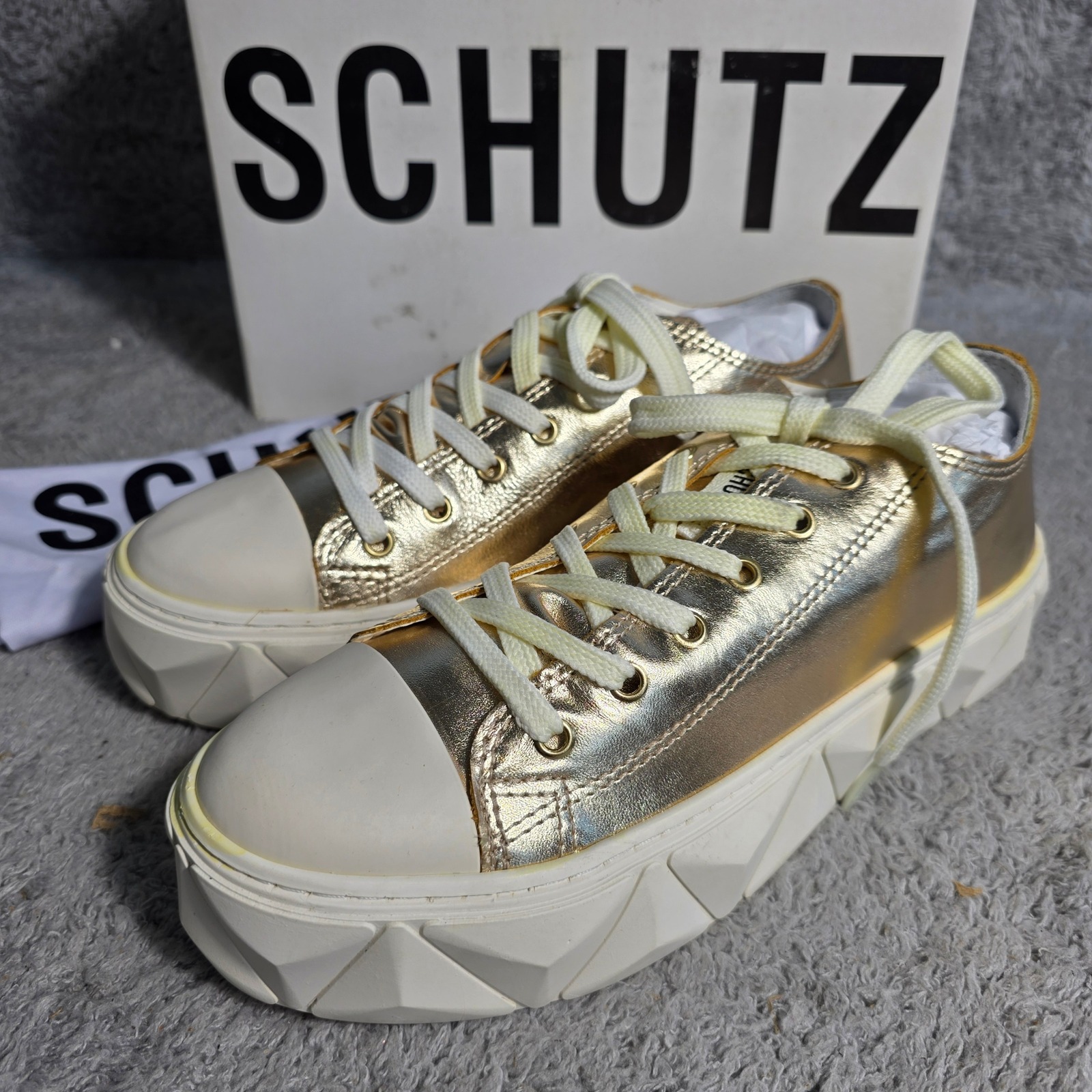 Schutz Energy Lace Up Sneakers Metallic Gold Platform Chunky Sole Women 8b New